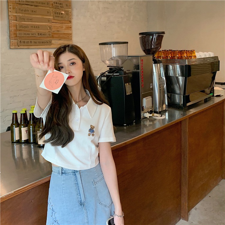 Áo thun polo ZHELIHANGFEI dệt kim tay ngắn in hình gấu dễ thương cho nữ