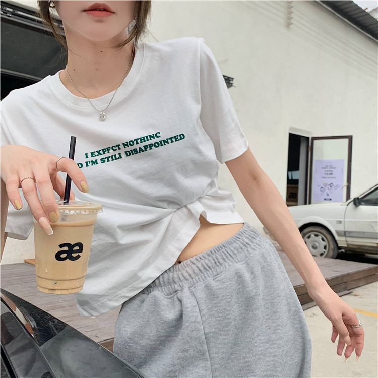 Áo thun nữ tay ngắn dáng rộng in chữ phong cách Hàn Quốc