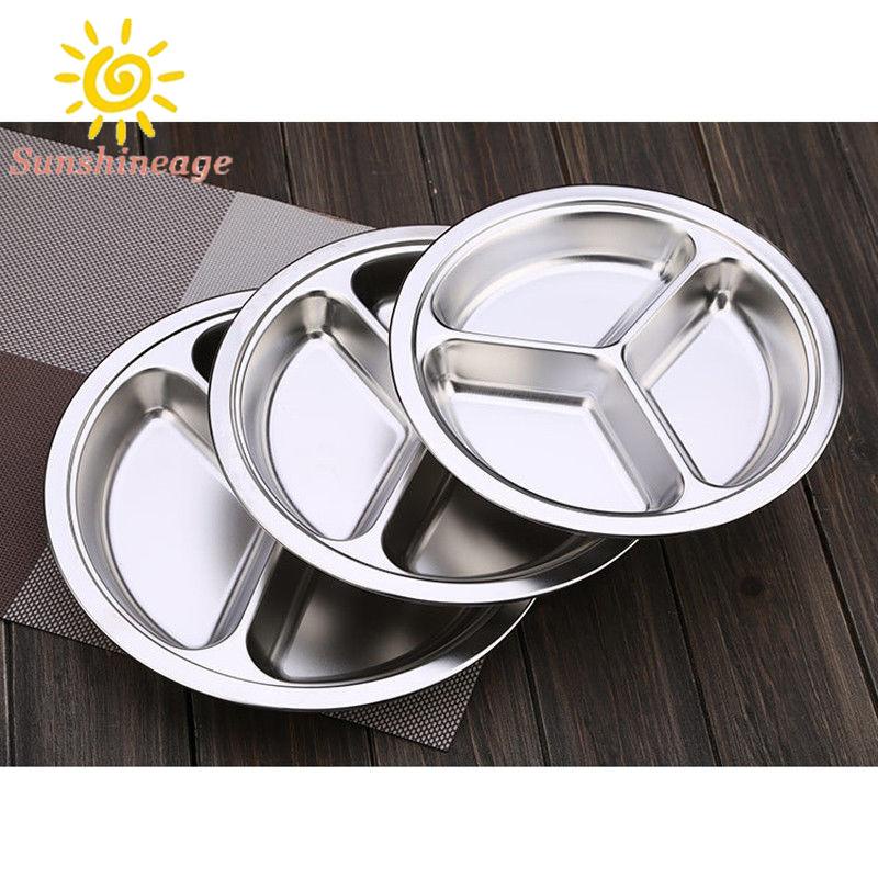 Stainless Steel 3 Compartment Divided Plate Food Serving Lunch Dinner Dish Tray