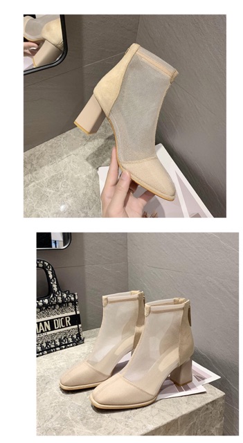 Boots lưới Ulzzang cổ ngắn gót vuông cao 7cm