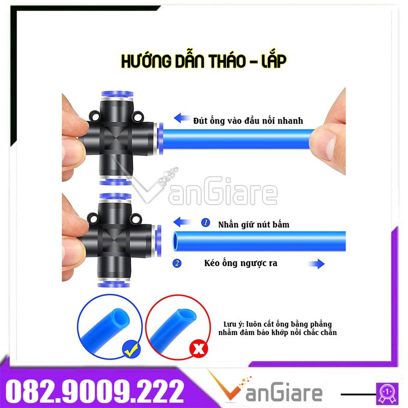 Nối chữ thập chia 4 ngã khí nén PZA ống 4mm 6mm 8mm 10mm 12mm
