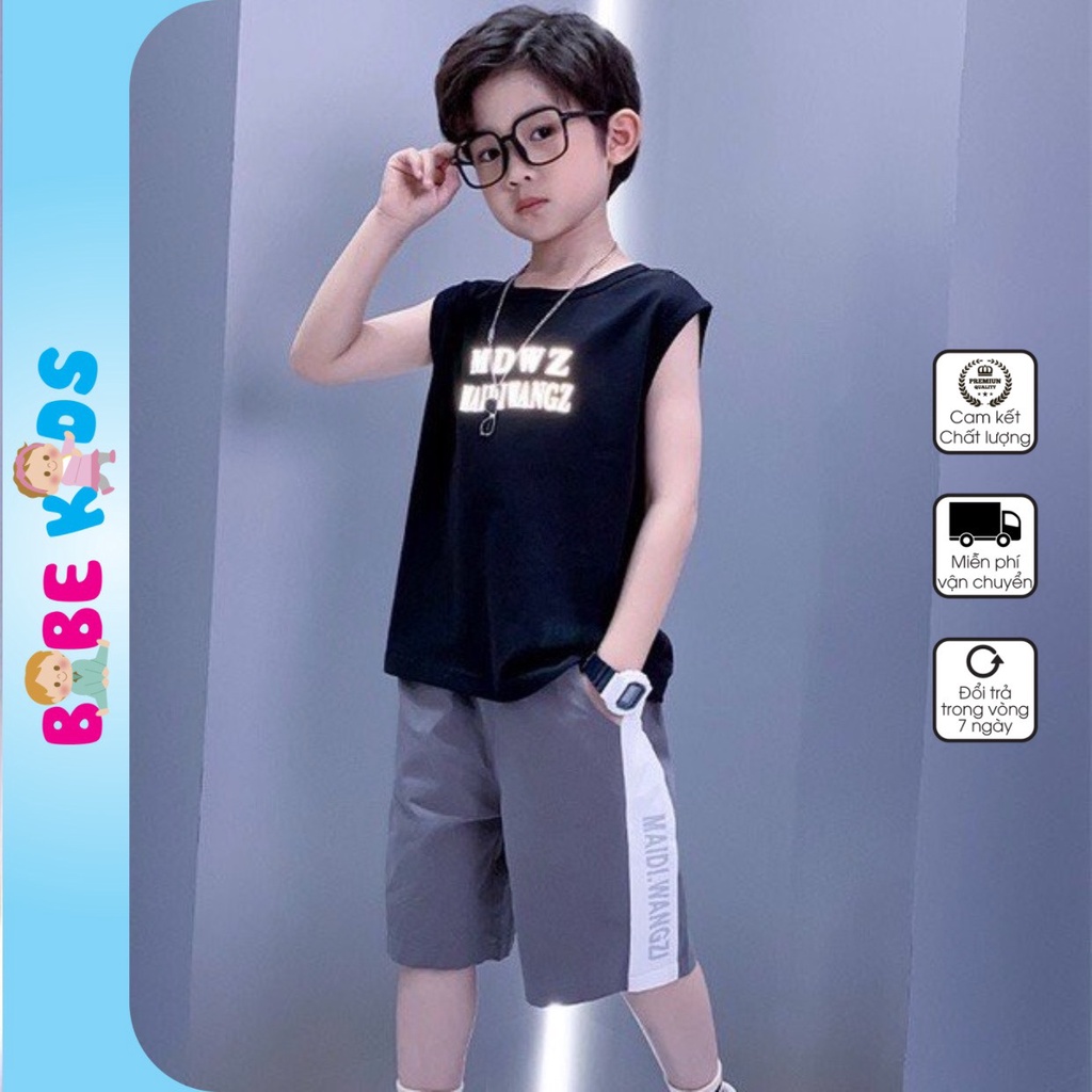 Quần áo trẻ em Babekids, bộ đồ ba lỗ cotton bé trai phản quang bạc Gấu Wangzi, thời trang trẻ em từ 14 đến 50kg