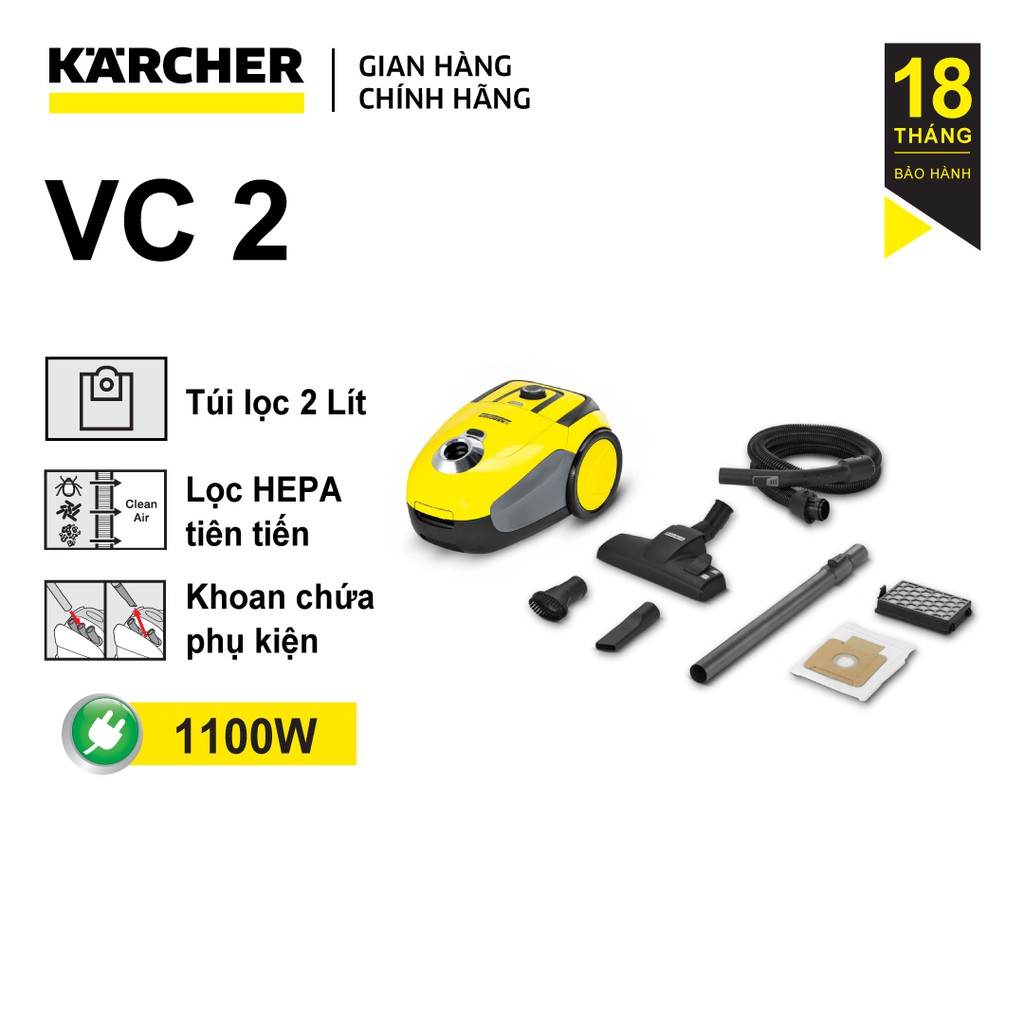 Máy hút bụi khô dùng túi lọc Karcher VC2 công suất 1100W - bộ lọc Hepa - dung tích túi bụi đến 2.8 lít