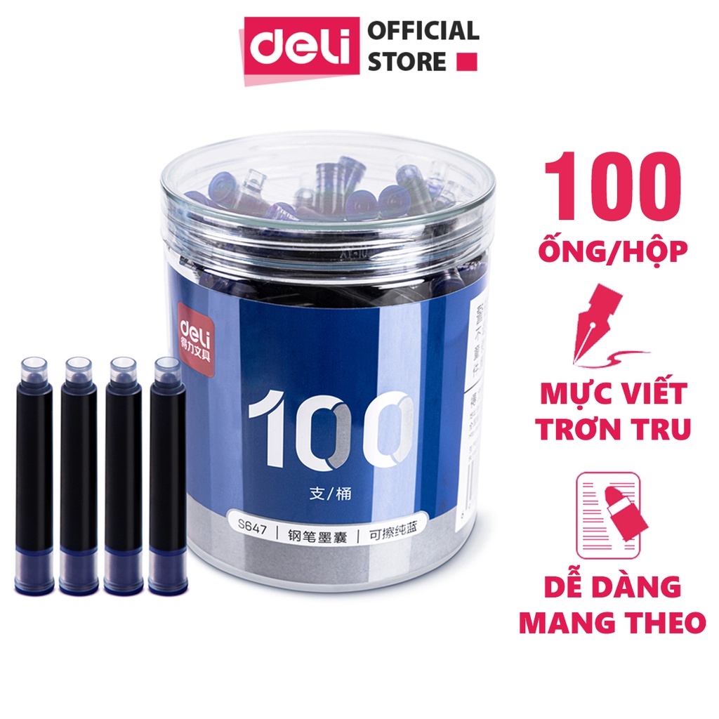 Hộp 100 ống mực thay thế bút máy Deli - Màu Xanh - S647