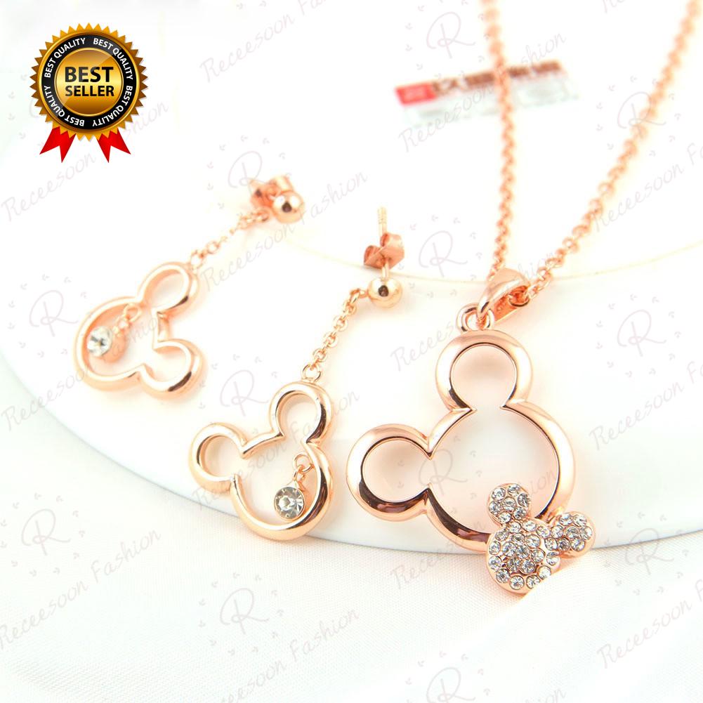 Set dây chuyền và đôi khuyên tai hình chuột Mickey dễ thương cho nữ