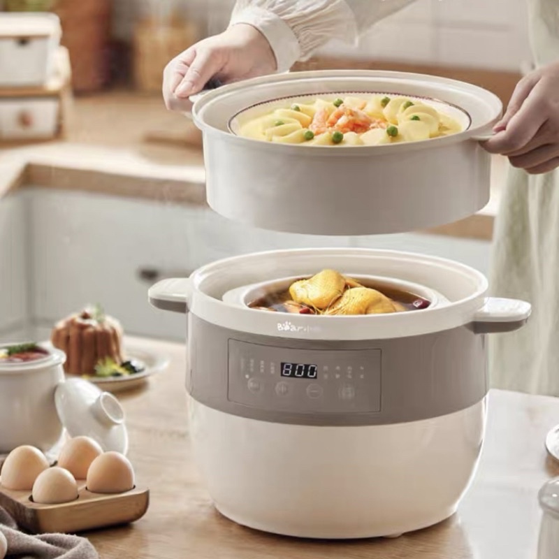 NỒI HẦM BEAR 2.5L MẪU MỚI KÈM KHAY HẤP VÀ 4 THỐ SỨ NHỎ 0.4L - CHÍNH HÃNG BẢO HÀNH 1 NĂM