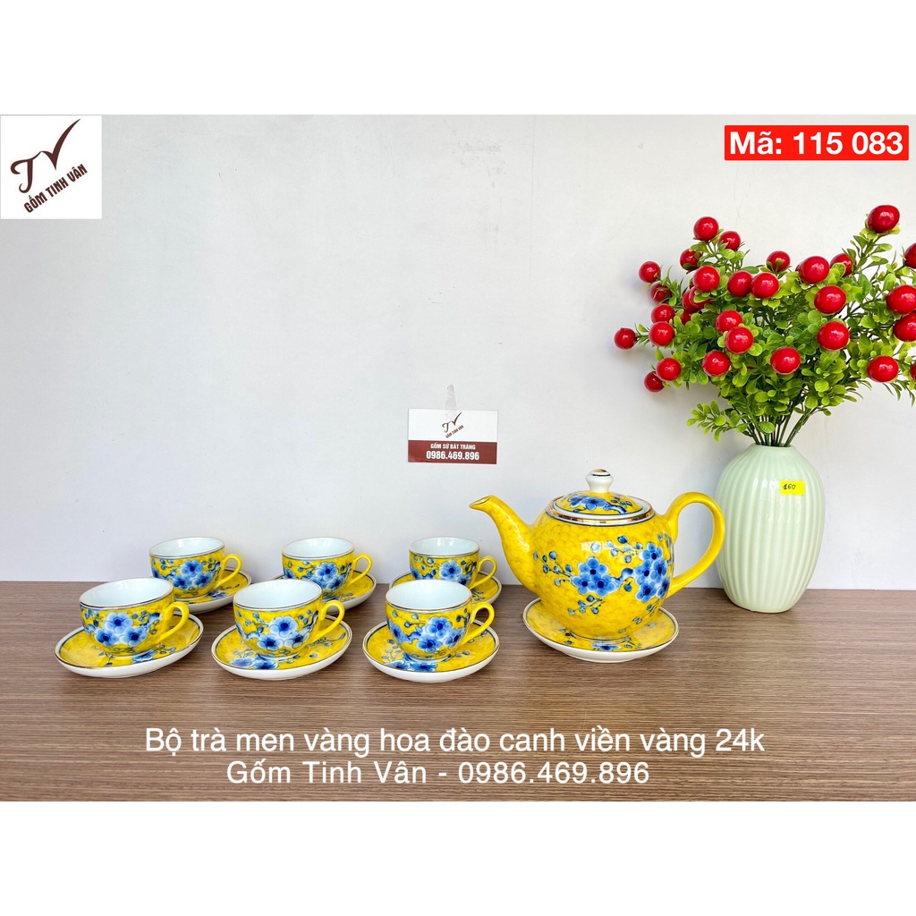 Bộ bình trà men vàng hoa đào xanh, viền vàng 24 k cao cấp, mã 115083, dung tích 600ml, gốm sứ bát tràng tinh vân