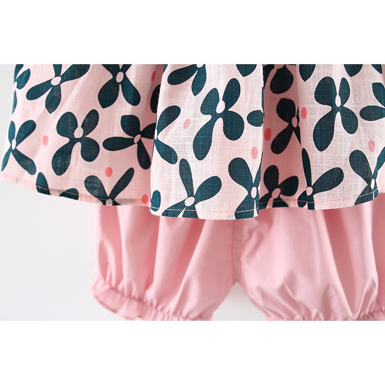 Bộ Váy 2 Dây Họa Tiết Hoa Phối Quần Short Xuất Hàn + Tặng Kèm Tuban Nơ Thỏ Cho Bé