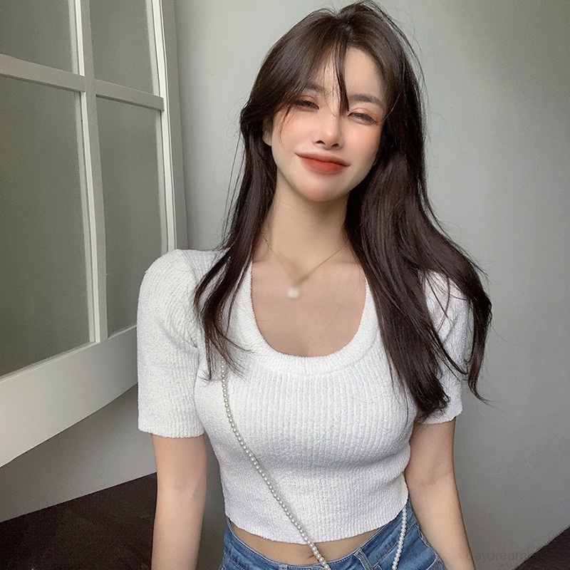 Áo Croptop Dệt Kim Tay Ngắn Cổ Tròn Dáng Ôm Thời Trang Cho Nữ