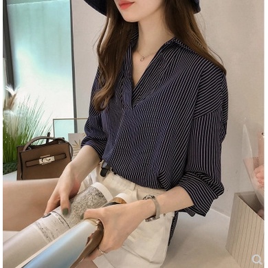 Áo Sơ Mi Tay Lửng Dáng Rộng Họa Tiết Kẻ Sọc Phong Cách Hàn Quốc Thời Trang Cho Nữ
