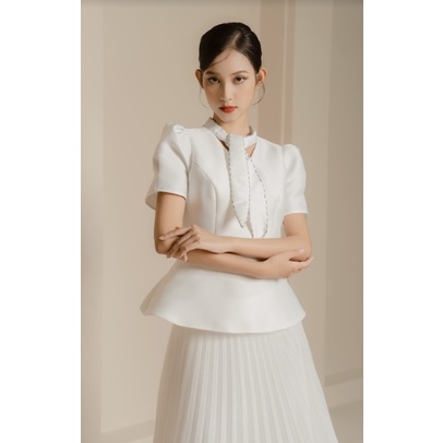 Nguyên Set Đầm Thiết Kế Callie - Áo Tafta Cổ Nơ, Chân Váy Lụa Dập Ly Cao Cấp ( Trắng, Đen )
