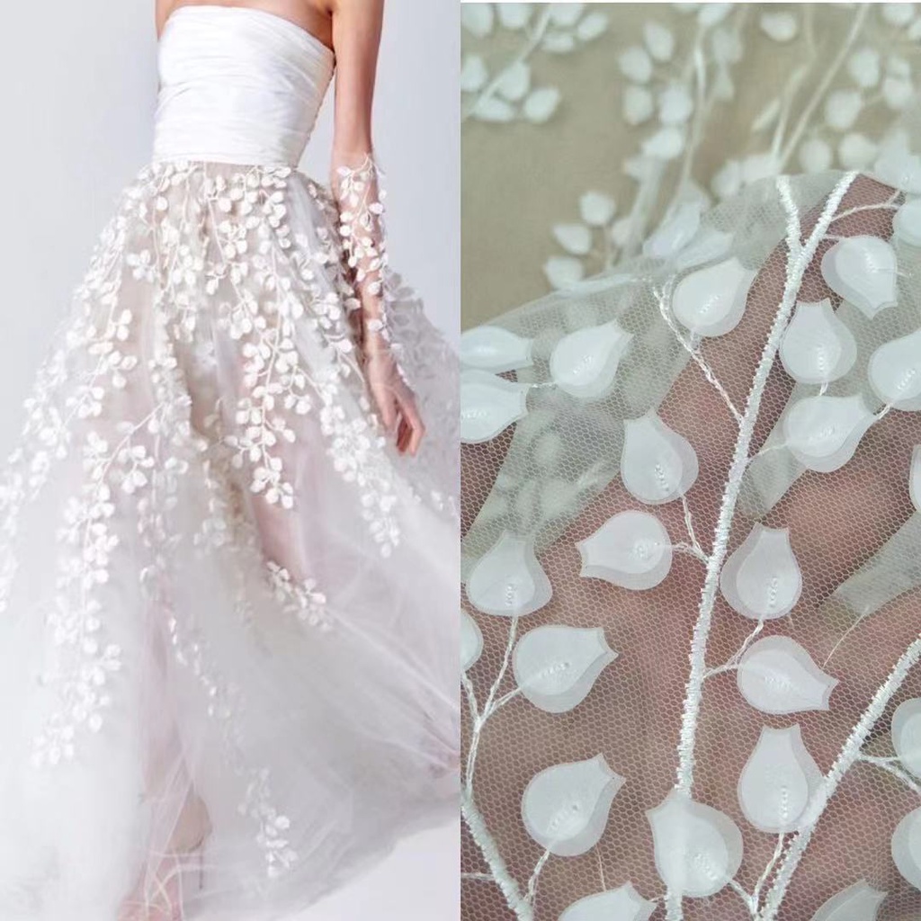 Cuộn Vải Ren Thêu Hoa 1 Yard May Đầm Cưới Cô Dâu