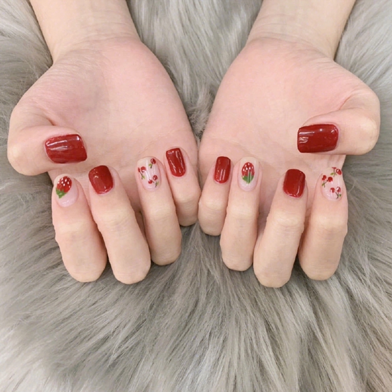 Miếng dán móng tay họa tiết chấm bi/kẻ sọc/cầu vồng/dâu tây 3D thời trang chống thấm nước nhỏ xinh