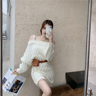 [HÀNG CÓ SẴN] Váy len trễ vai kèm đai, váy len thừng hàng Quảng Châu