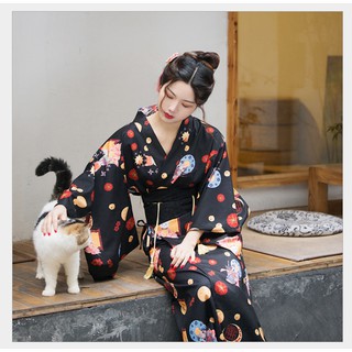[ORDER] Yukata - Đào Hoa Kỳ Nguyện Miêu - Yukata họa tiết mèo kèm Obi nơ