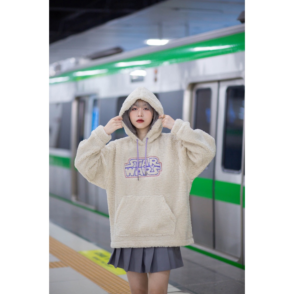 Áo Hoodie Nỉ Mũ Nữ BOO Vải Lông Cùn Dáng Rộng Đính Patch Logo Starwars