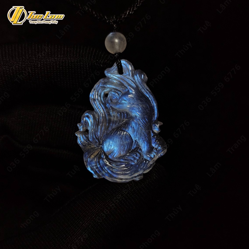 Dây chuyền mặt hồ ly chúa moonstone dáng thủng màu trắng ánh xanh hợp mệnh kim thủy - Tuệ Lâm
