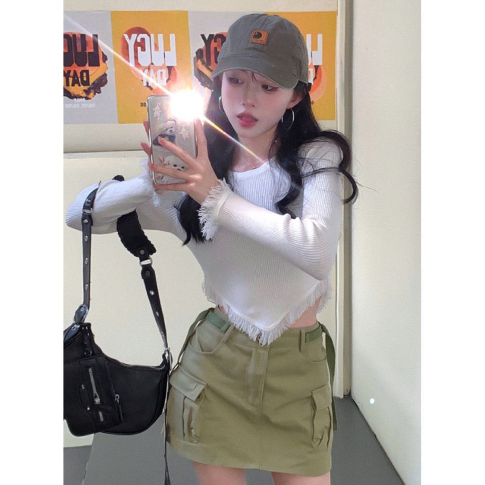 Jiashucheng Áo Dệt Kim Tay Dài Dáng Ôm Ngắn Phối Tua Rua Thiết Kế Không Đều Cá Tính Cho Nữ