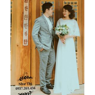 (free chỉnh sửa váy) đầm dạ hội tay ren váy xòe trắng, váy chụp hình cưới