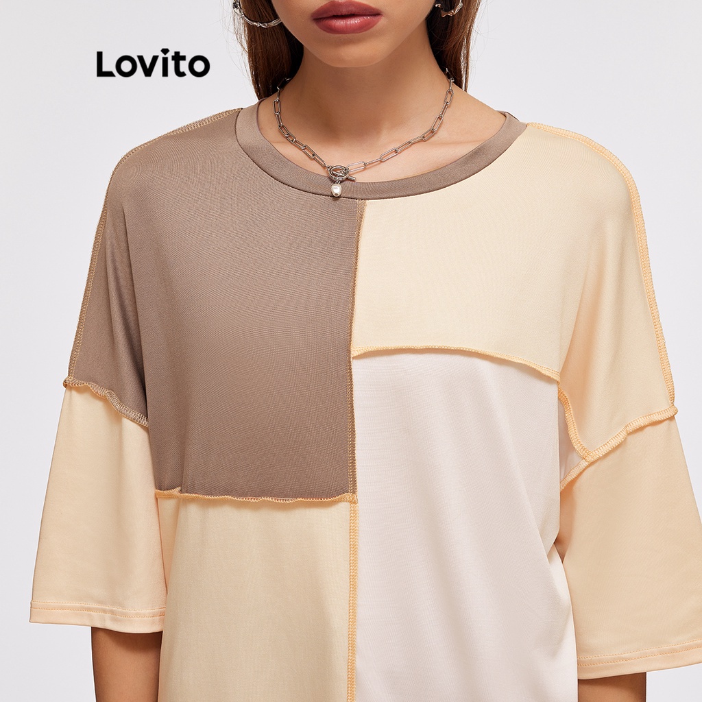 (Hàng có sẵn) Lovito Áo Thun L20D1193 Phối Màu Tương Phản Thời Trang Cho Nữ