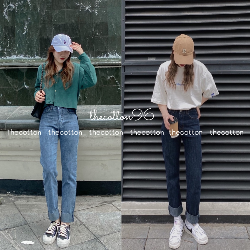 Quần bò nữ ống đứng lưng cao hàn quốc gấu lật hai màu quần jeans co giãn ullzang TheCotton