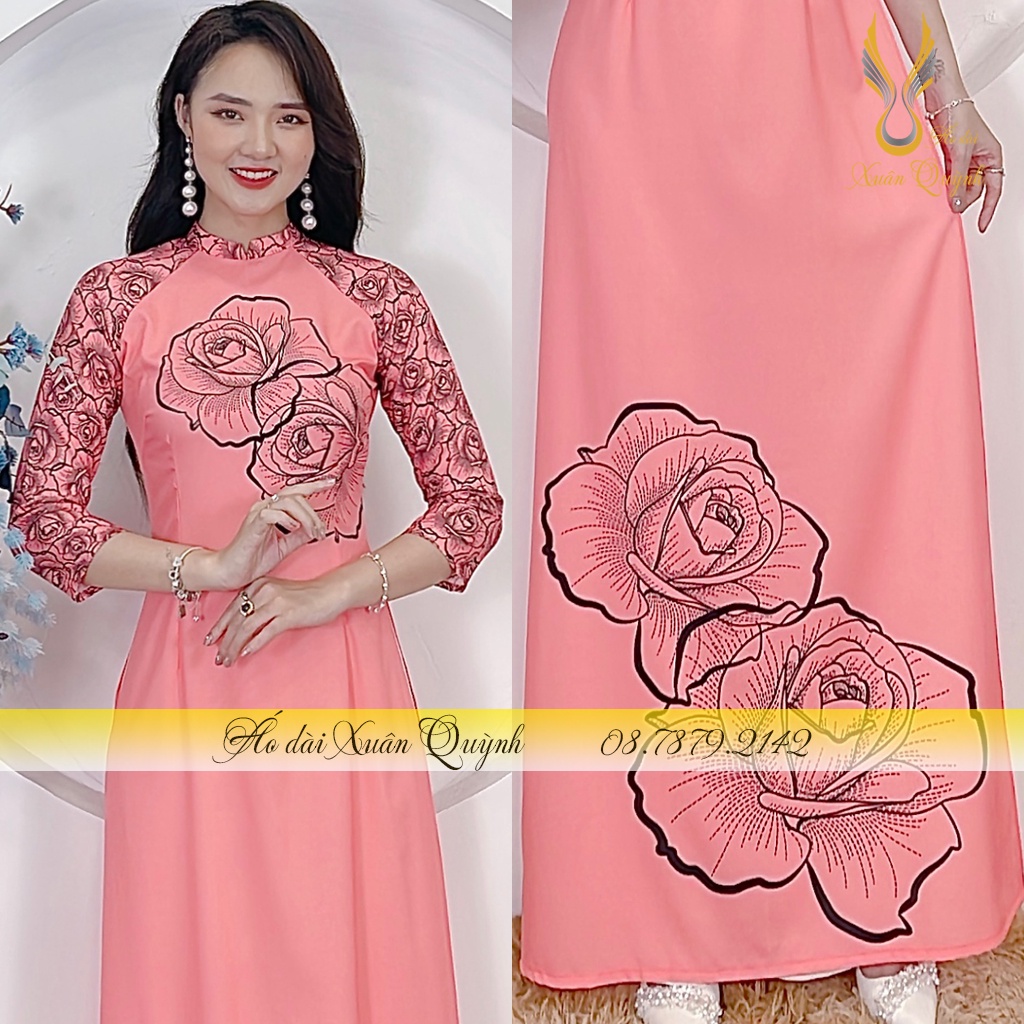 Áo Dài Hoạ Tiết Hoa Hồng Trẻ Trung, Tôn Giáng Lụa Habutai K78 - Áo Dài Truyền Thống