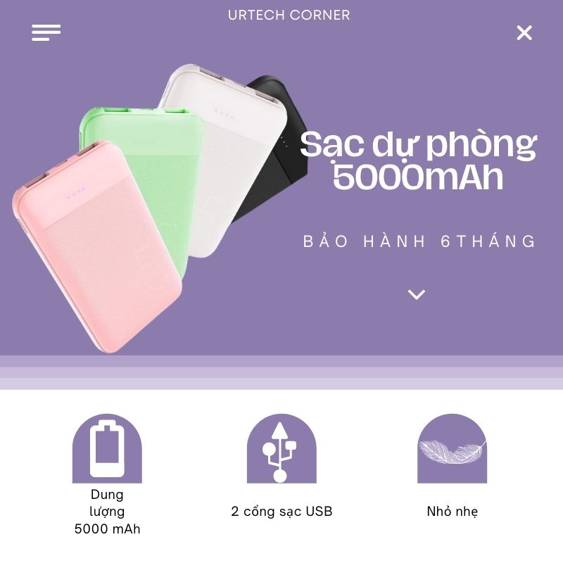 Pin sạc dự phòng Wuw Y66 Urtechcorner giá rẻ dung lượng 5000mAh nnỏ gọn nhiều màu sắc thời trang