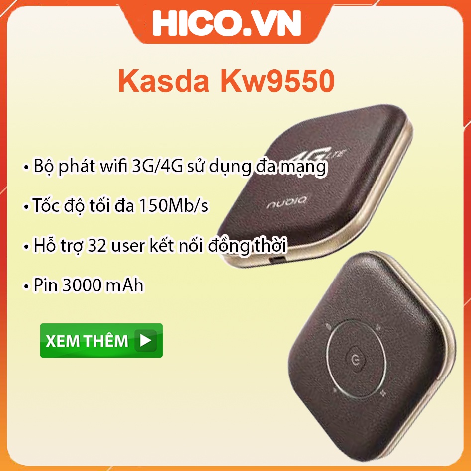 Bộ Phát Wifi 4G LTE Kasda Kw9550 , Dung Lượng Pin Khủng 3000Mah - Chính Hãng Bảo Hành 1 Năm