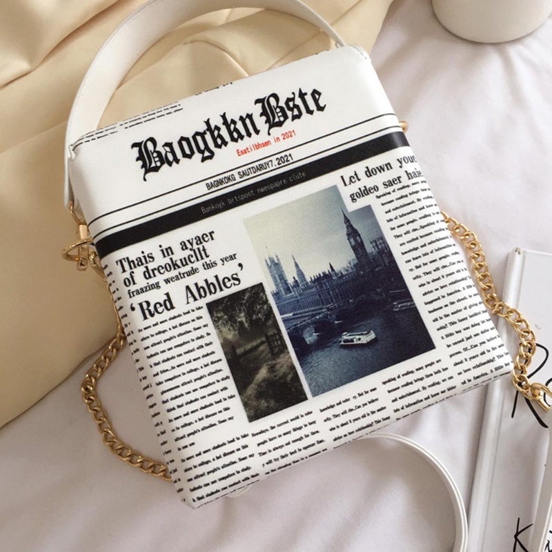Túi Đeo Chéo Vai Bằng Da Họa Tiết Tờ Báo Thời Trang Sành Điệu Cho Nữ