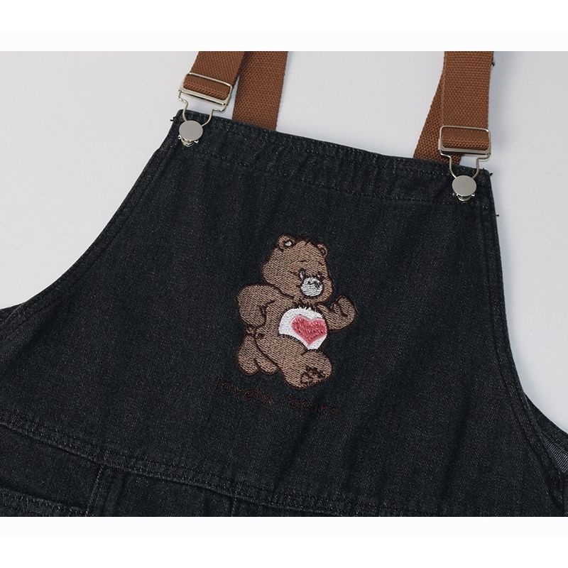 Quần Yếm Denim Mỏng Ngắn Năm Tấc Dáng Rộng Thêu Hình Gấu Phong Cách Mới Cho Nữ