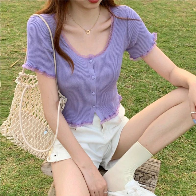 áo thun nữ croptop tay ngắn cổ tròn bánh bèo cực xinh