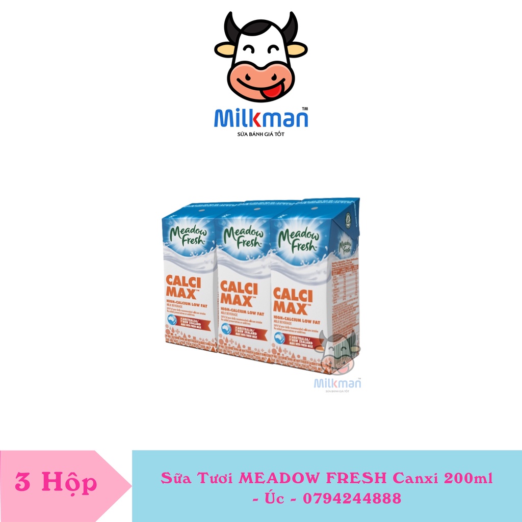 1 Lốc 3 Hộp Sữa Tươi Tiệt Trùng Canxi Ít Béo Meadow Fresh 200ml