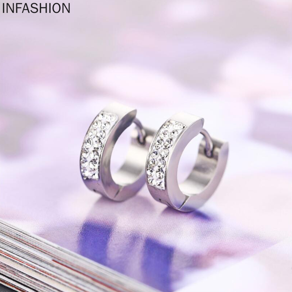 1 Đôi Bông Tai Tròn Đính Đá Bằng Thép Không Gỉ Cho Nữ