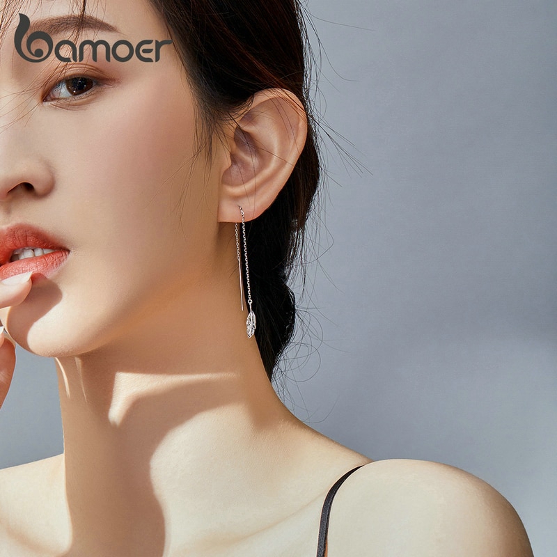 Bông Tai Bamoer SCE786 Dạng Tua Rua Dài Mặt Hình Lông Vũ Dành Cho Nữ