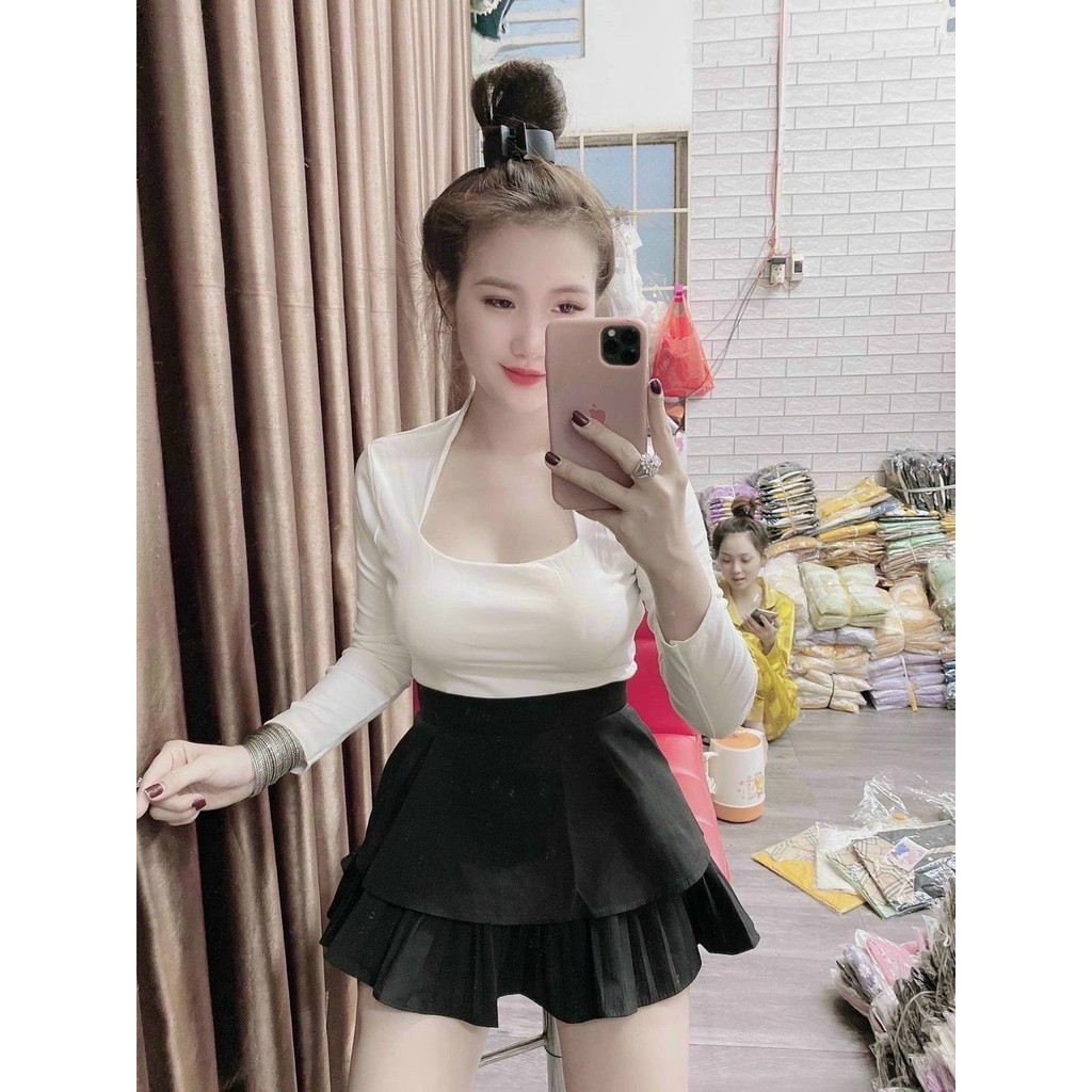 Áo Croptop Kiểu Nữ Tay Dài Cổ Vuông Chất Thun Borip Mịn Có Mút Ngực Style Sexy  By bear.story