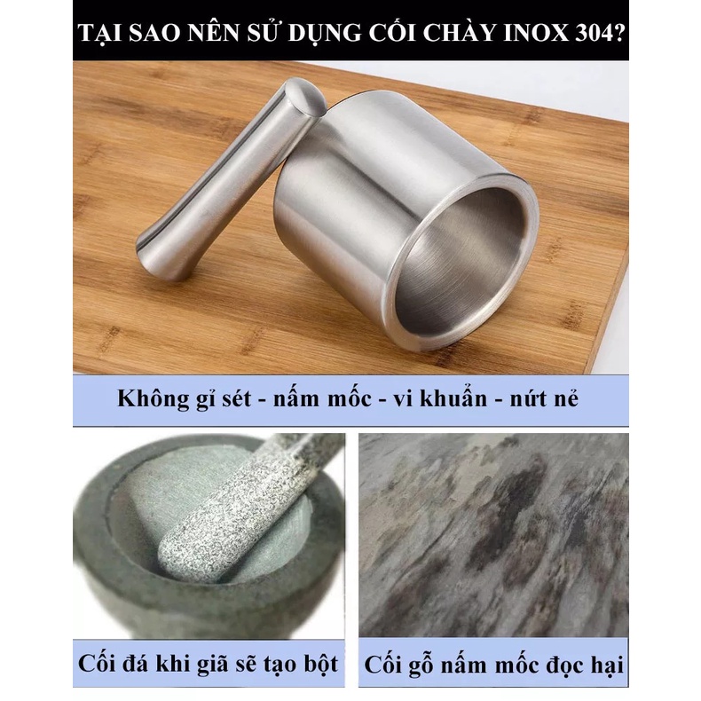 Bộ cối chày inox 304 máy nghiền tỏi Xay tỏi thủ công Bình đựng dược liệu nghiền gia đình Máy mài đa năng