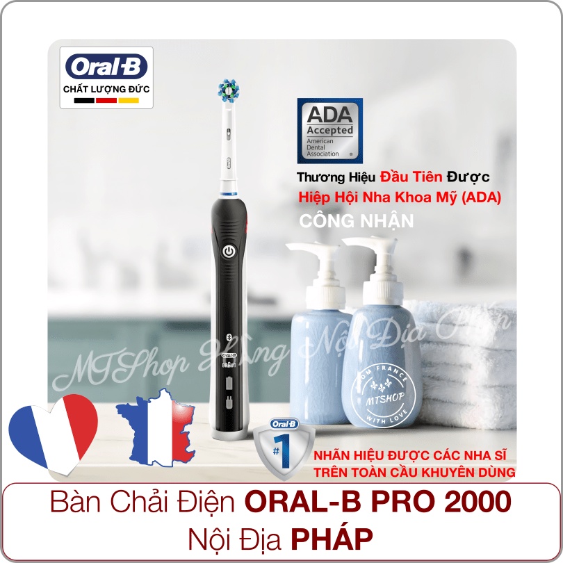 Bàn Chải Điện Oral-B Nội Đia PHÁP Pro 2000/3000: Làm Sạch Sâu, Cảm Biến Áp Lực, Hai Chế Độ Đánh Răng, Chống Nước