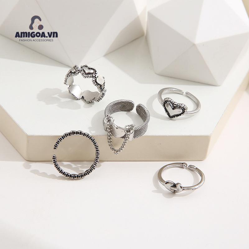 ✨✨Bộ 5 Nhẫn Hở Họa Tiết Trái Tim Đơn Giản Sáng Tạo Phong Cách Cổ Điển