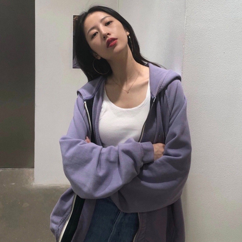 Áo khoác hoodie IELGY dáng rộng có mũ trùm màu tím taro phong cách cổ điển cho nữ