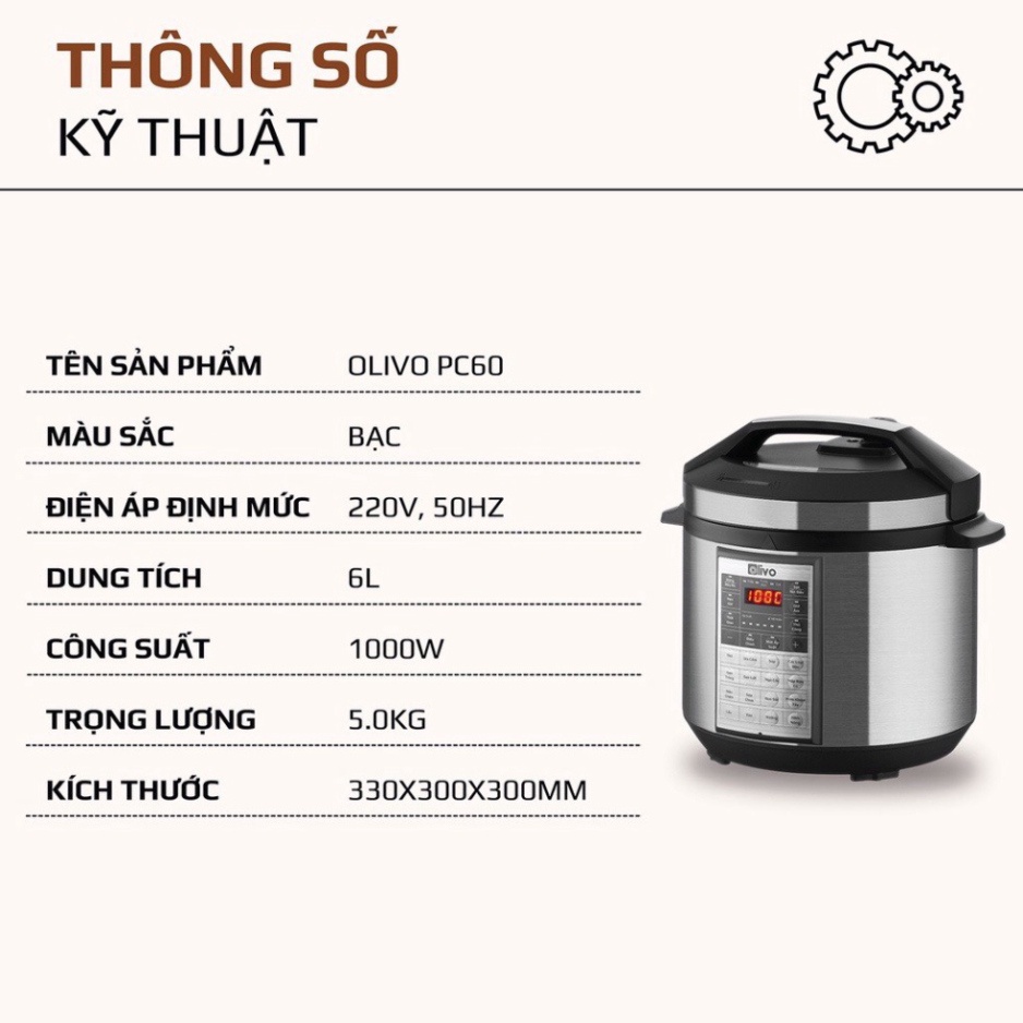 Nồi Áp Suất Điện Đa Năng Olivo PC60 - 16 Chức Năng - Dung Tích 6L - Công Suất 1000W