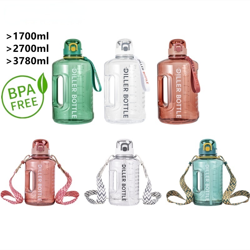 Bình Nước Tritan Không BPA Dung Tích Lớn Có Ống Hút Đánh Dấu Thời Gian Tập Thể Thao (1700/2700/3780ml)