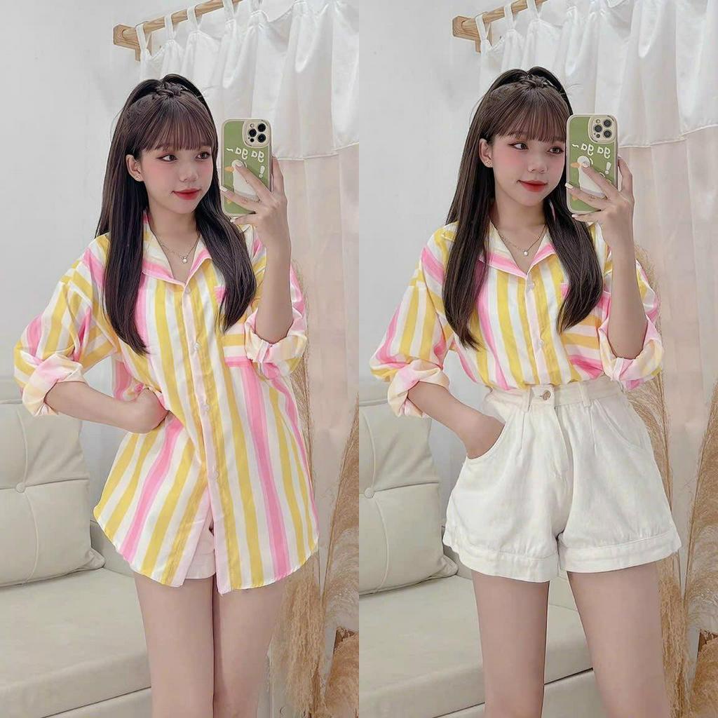 Áo Sơ Mi Sọc Phối Màu Tay Dài Có Túi