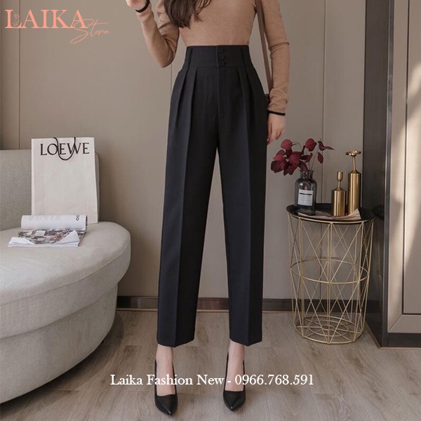 Quần baggy nữ cạp cao công sở bản to xếp ly phối 3 cúc dáng quần tây nữ lưng cao ống đứng vải dày mềm mặc đi học công sở