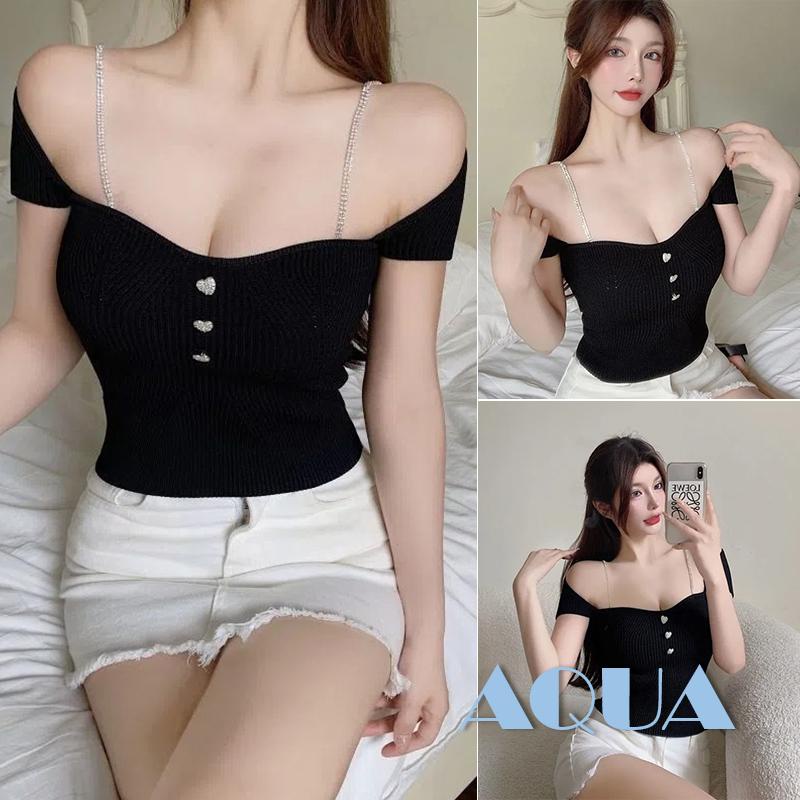 Áo Thun Ôm Dáng Cổ Thuyền Hở Vai Phối Dây Xích Đính Đá Thời Trang Mùa Hè Cho Nữ