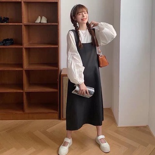 SV006 - Bộ yếm kaki đen và áo sơ mi trắng tay bồng tiểu thư nữ tính, bộ váy hai dây dài suông và áo chất đũi cute
