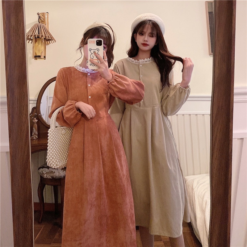 【ZHELIHANGFEI】Đầm Nhung Dài Qua Gối Dài Tay Phong Cách Mới