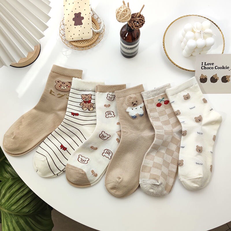 Tất nữ cao cổ gấu màu nâu họa tiết xinh xắn đáng yêu co dãn thấm hút mồ hôi dành cho nữ