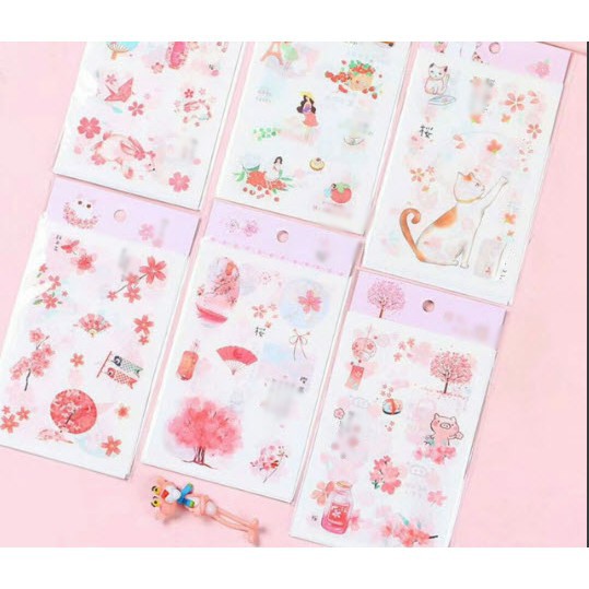 set 6 sticker heo hồng hoa anh đào thiếu nữ hoa lá  S18  cute dễ thương ( gồm 6 tờ nhỏ)