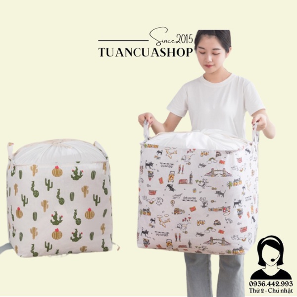Túi đựng chăn màn quần áo, sọt vải họa tiết cỡ lớn 100L