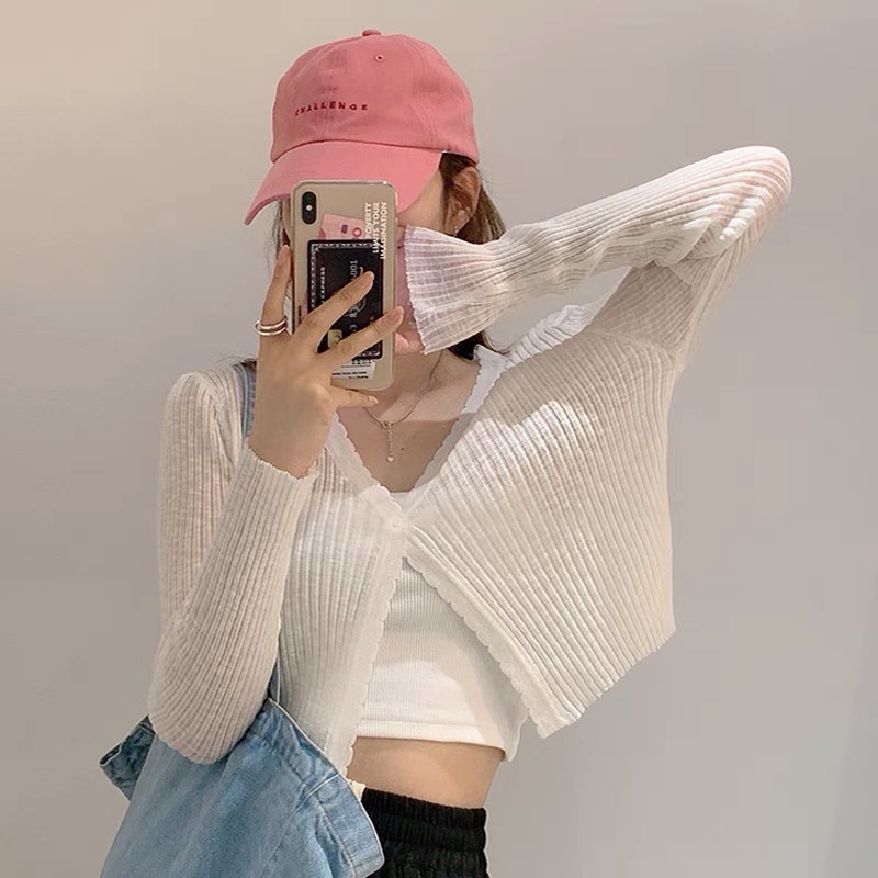 Áo khoác dệt kim mỏng dài tay cổ V forgirl kiểu dáng croptop